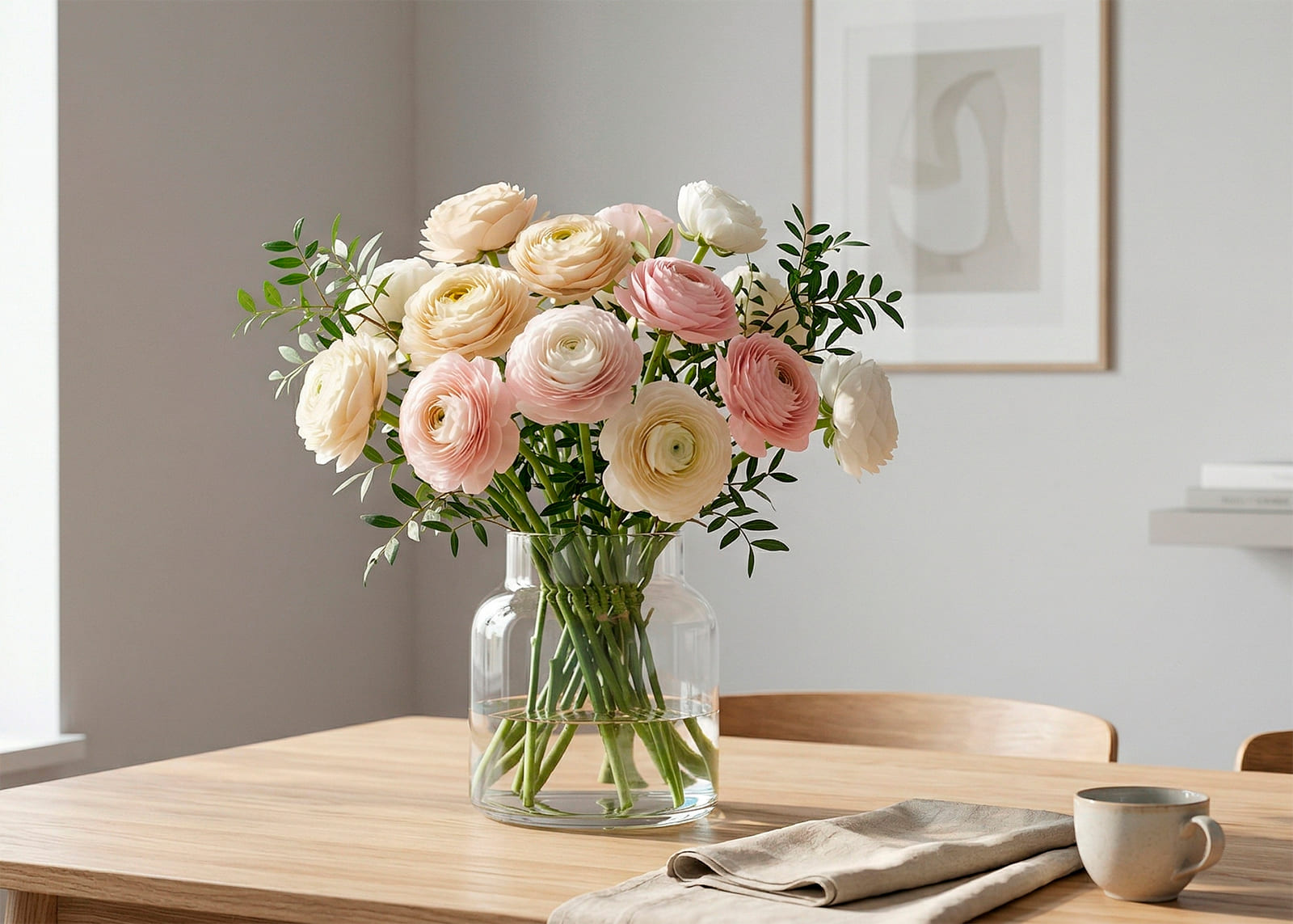 Ranúnculos delicados con pétalos en capas en un ramo de primavera