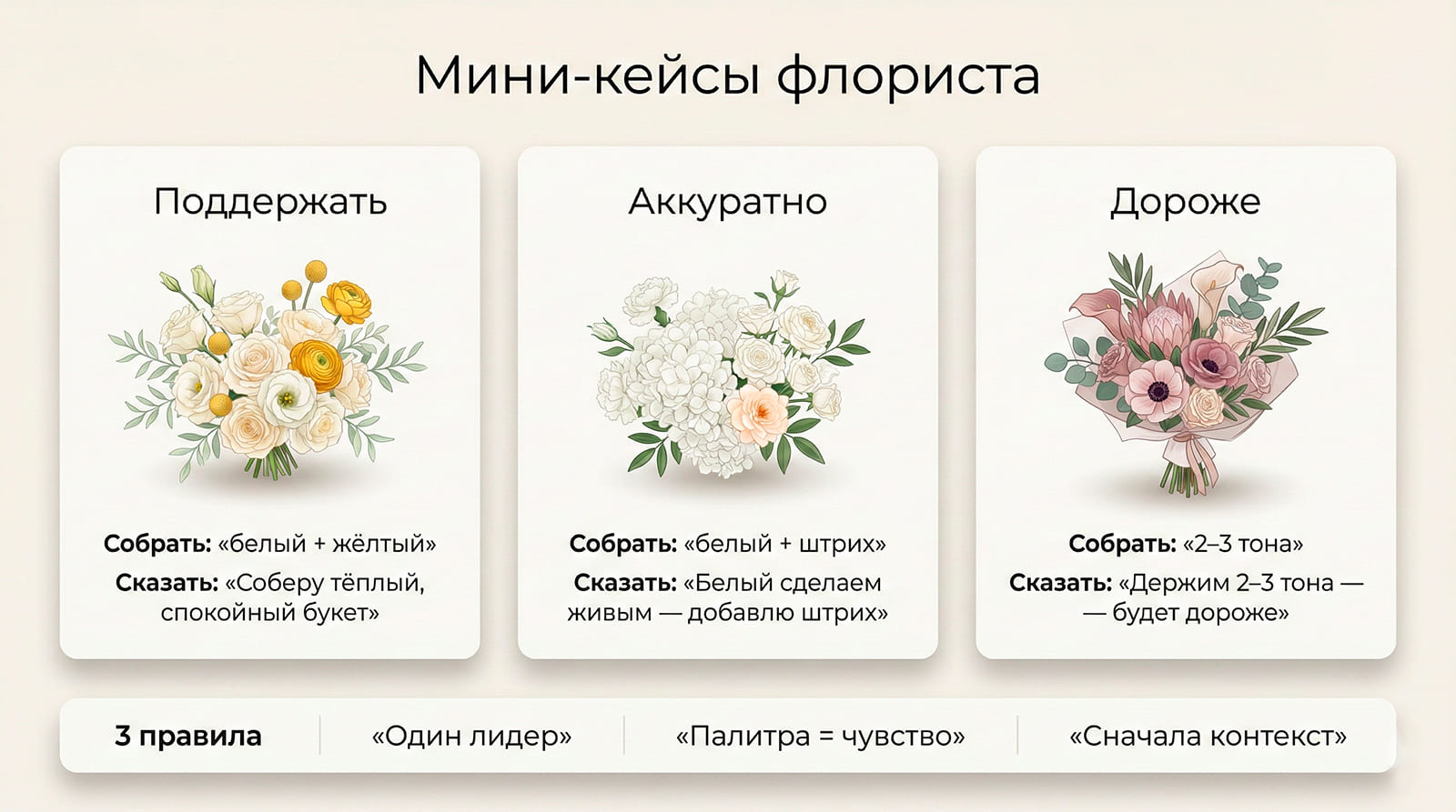 Infografía para floristas mini casos de ramos apoyar ordenado más premium consejos qué armar y qué decir