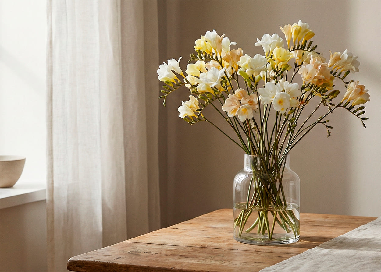 Fresias con tallos elegantes y flores ligeras y fragantes