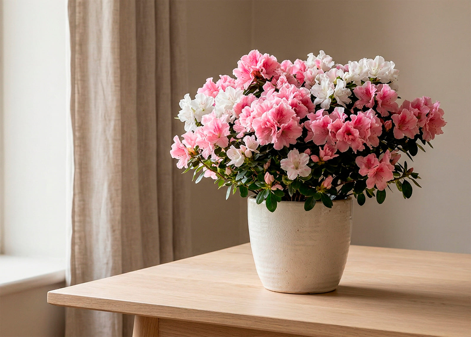Azalea en flor en maceta como regalo vivo de primavera para el hogar