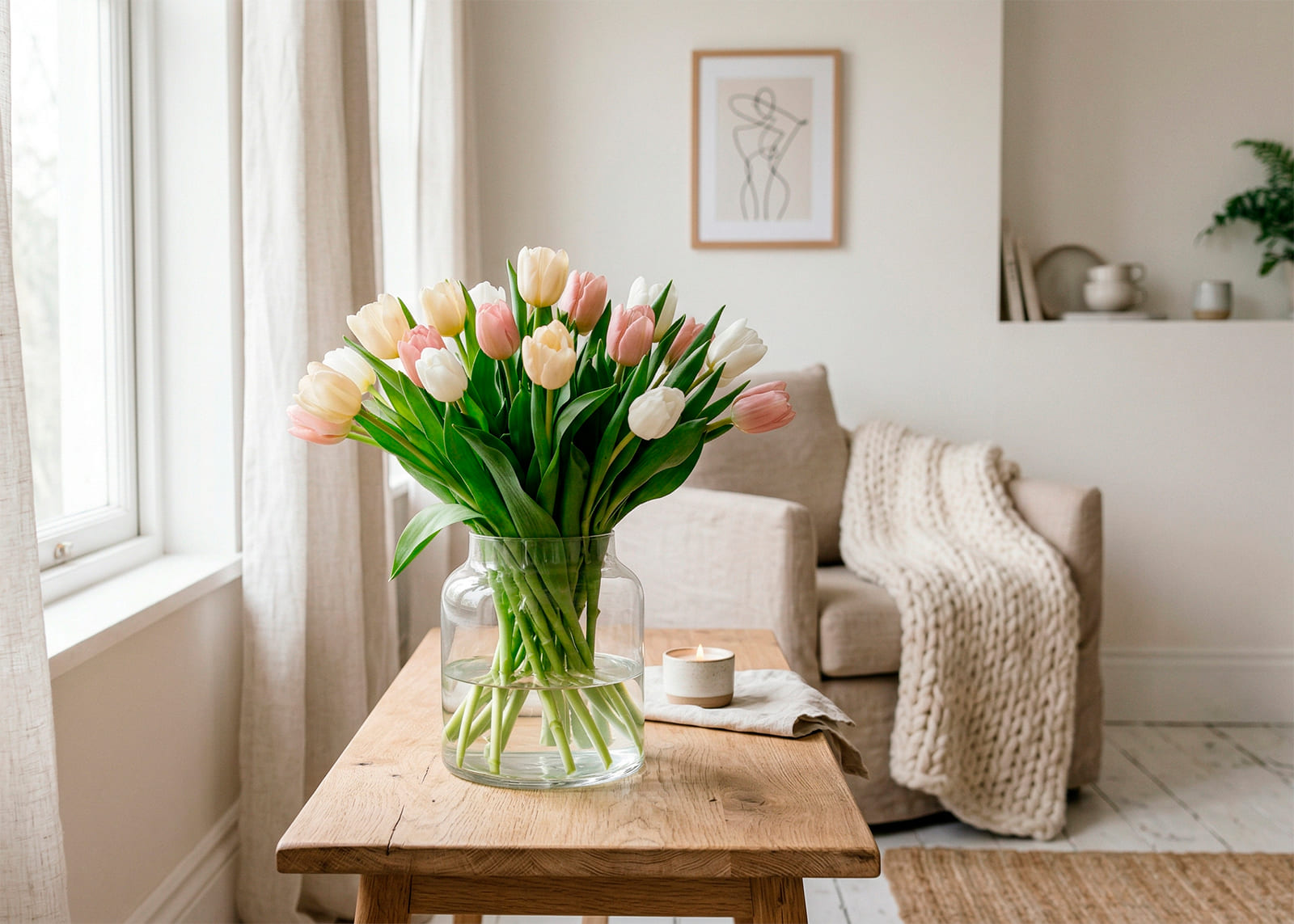 Ramo de tulipanes de primavera en un jarrón para el hogar o como regalo