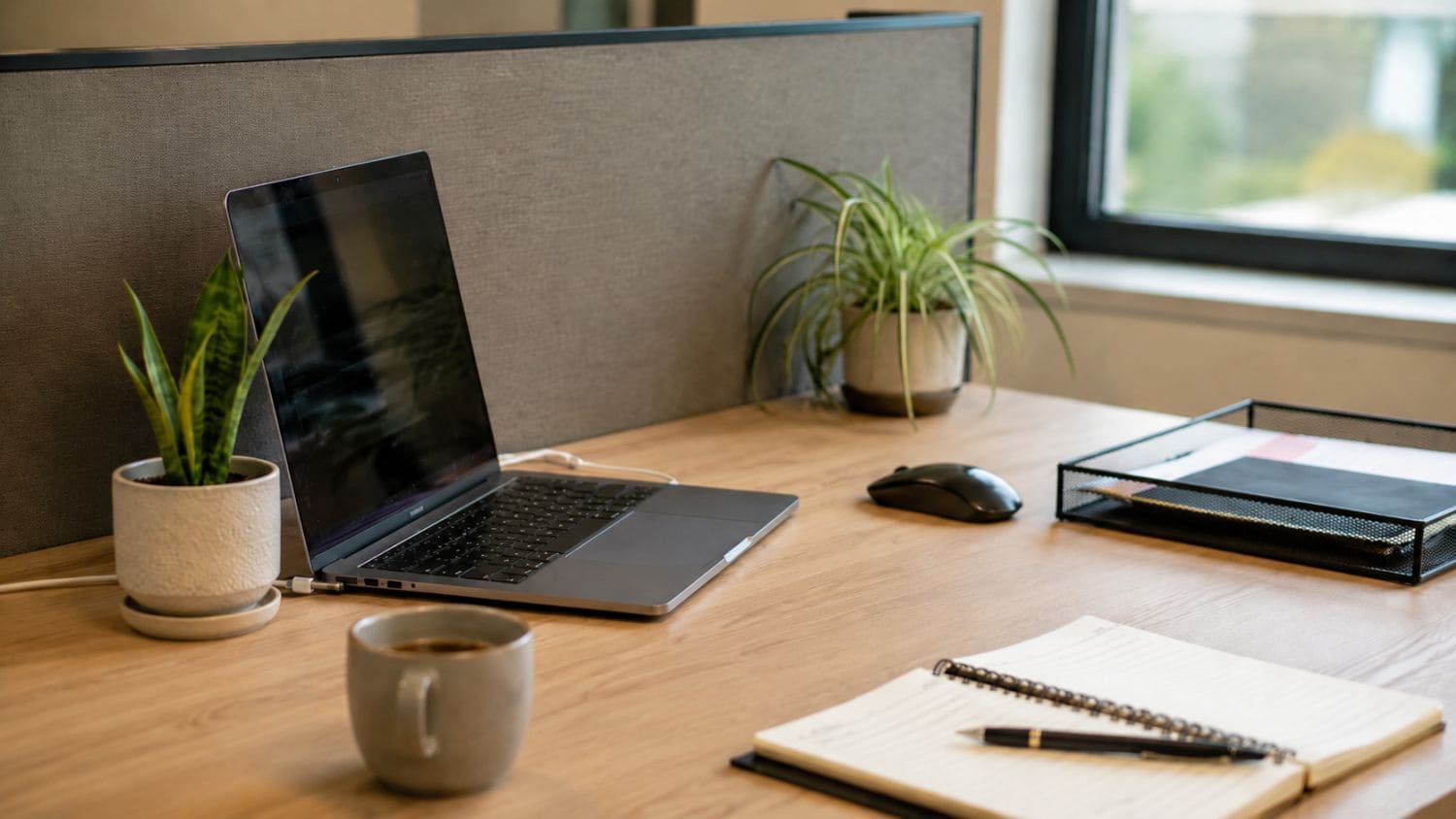 Makkelijk te verzorgen planten op een werkbureau in een modern kantoor.