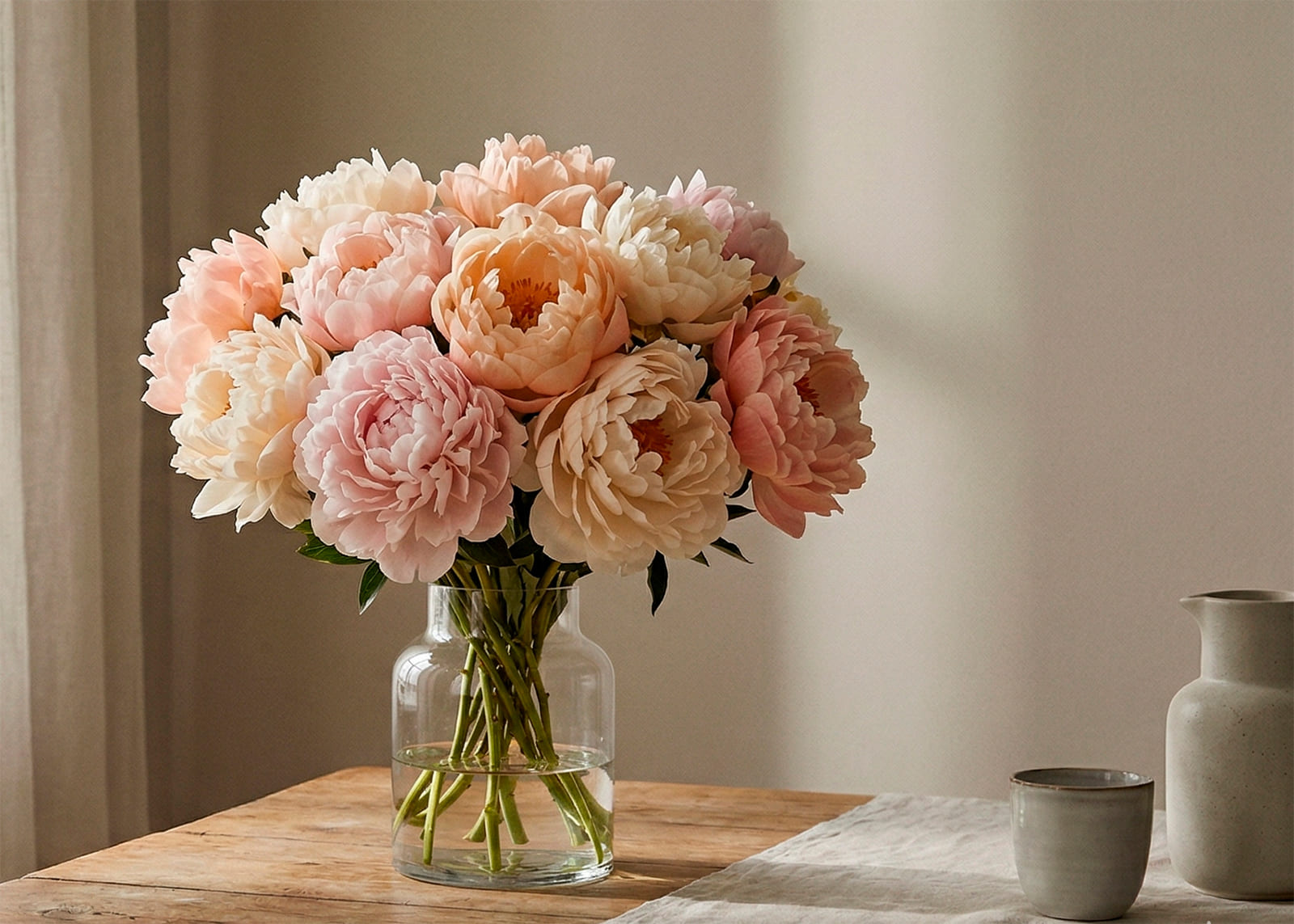 Peonías frondosas en un jarrón como acento primaveral visible para el hogar o como regalo