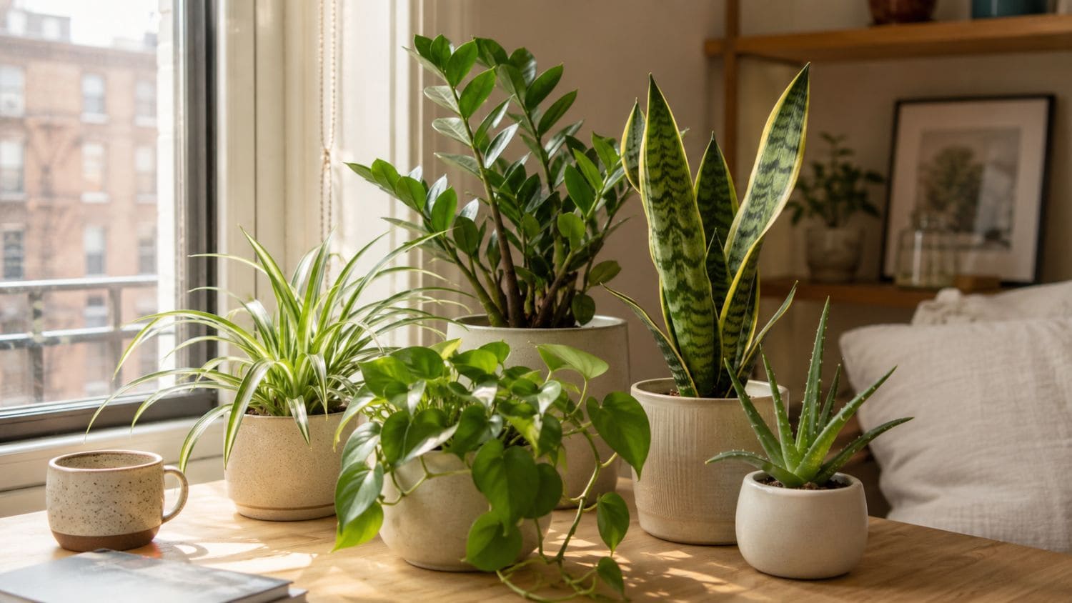 Makkelijk te verzorgen kamerplanten voor beginners op een tafel bij het raam