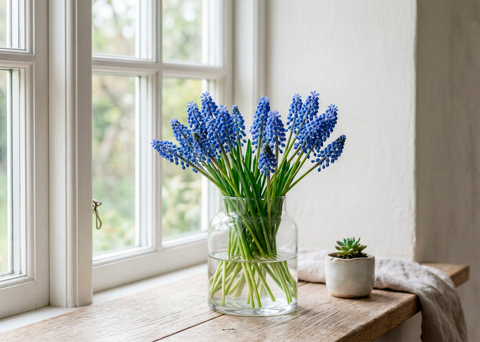 Muscari en un jarrón como un acento primaveral discreto para el hogar