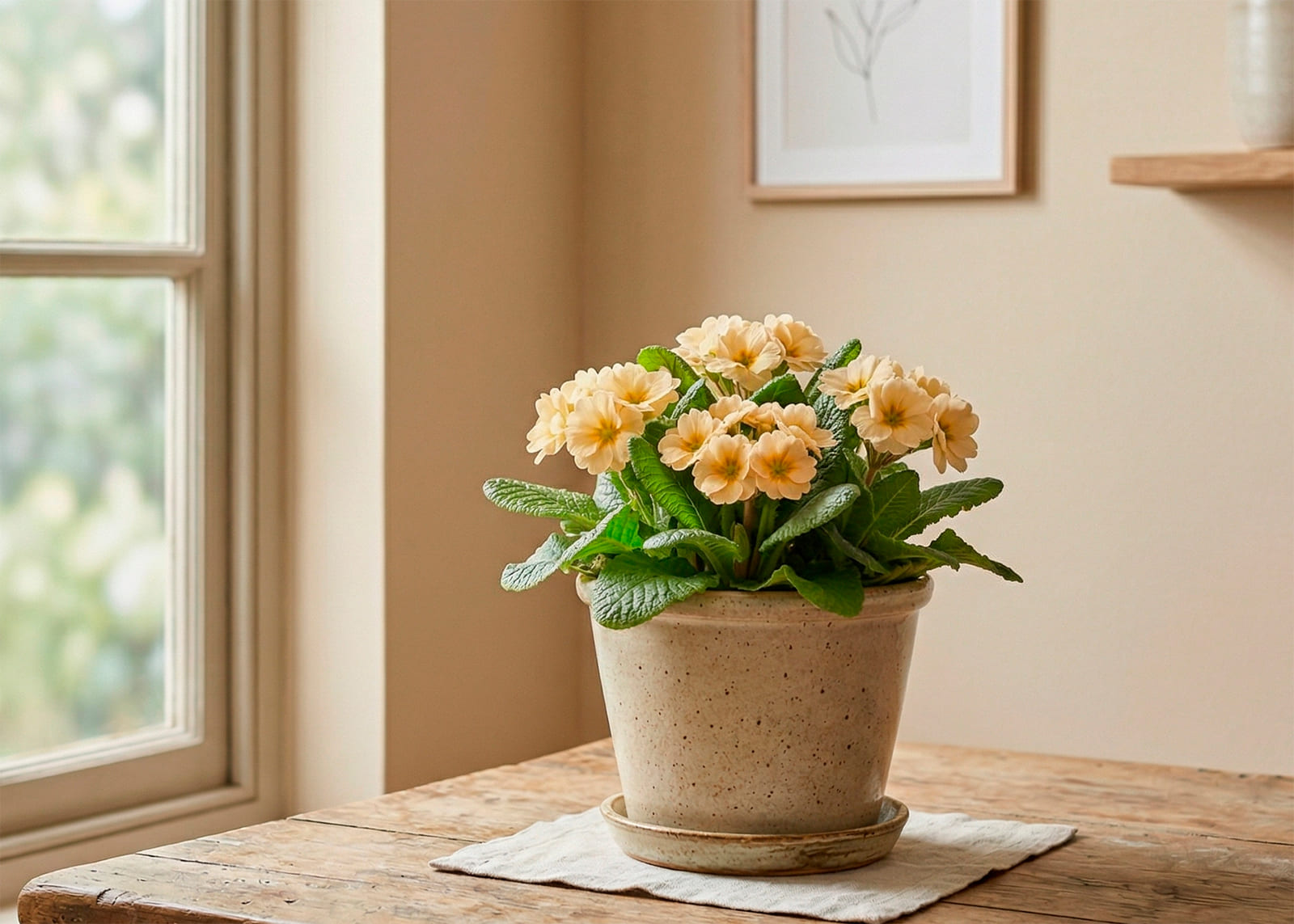 Prímulas vivas en maceta para un alféizar primaveral o un interior doméstico