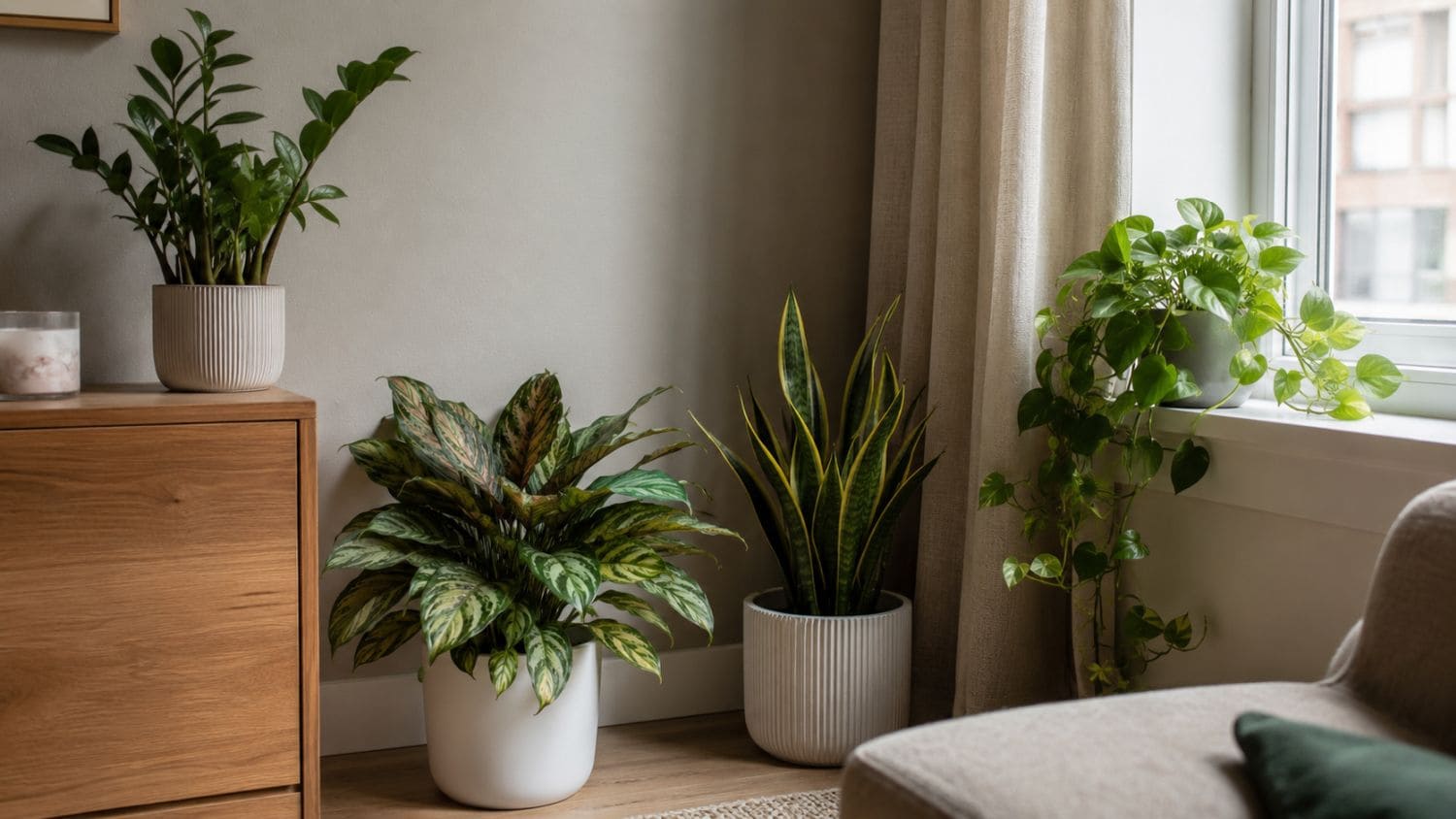 Schaduwtolerante kamerplanten in een zacht verlichte hoek van een appartement
